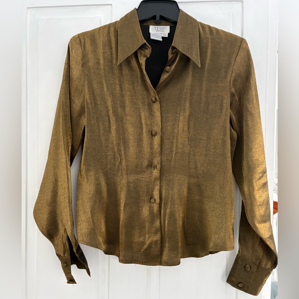 Vintage Tess Petite gold metallic retro button-up long sleeve blouse Size 6P